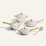 gold titanium perfect pot, always pan, mini perfect pot and mini always pan pro with stainless steel and silicone spoon