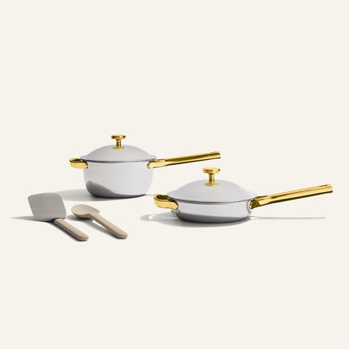 gold titanium mini perfect pot and mini always pan pro with stainless steel spatula and silicone spoon