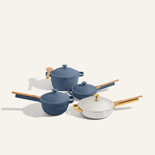 chrome/gold and blue cookware set pro