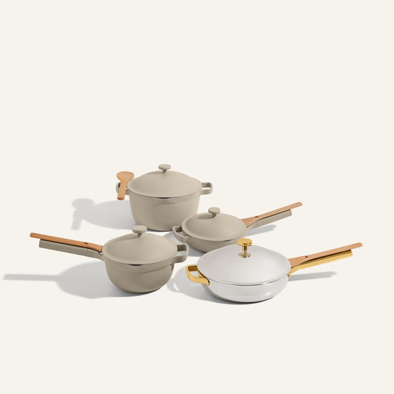 chrome/gold and beige cookware set pro