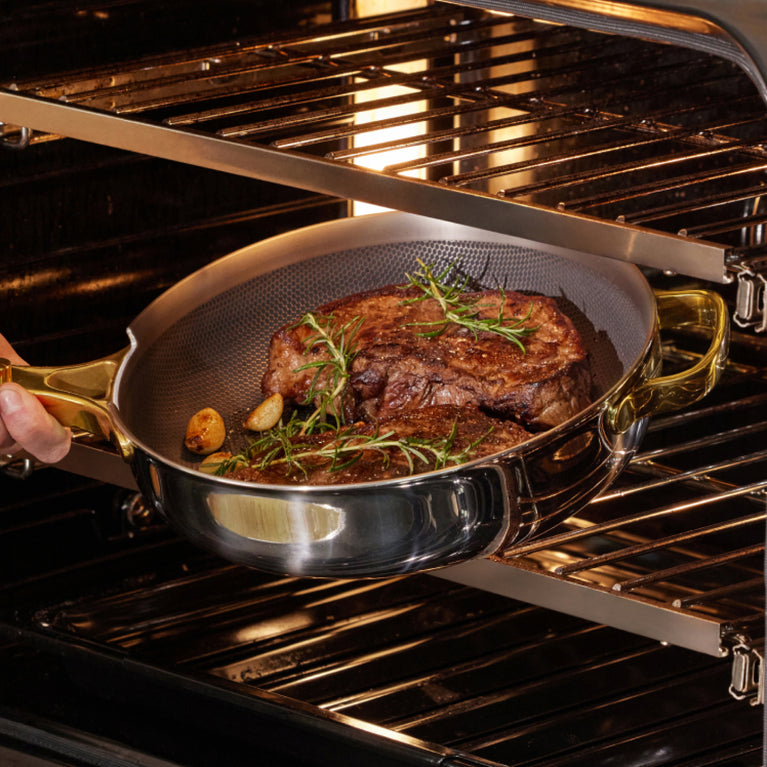 gold/chrome titanium always pan pro cooking steak in oven