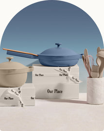 our place gifts under £100 - beige mini perfect pot, blue always pan and beige utensil essentials