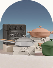 our place gifts under £200 - black wonder oven, pink always pan, chrome titanium always pan pro, and green perfect pot