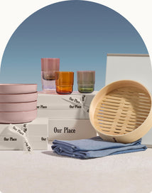 our place gifts under £50 - pink dinner bowls, drinking glasses, beige daily board, spruce steamer, and blue double dish towels