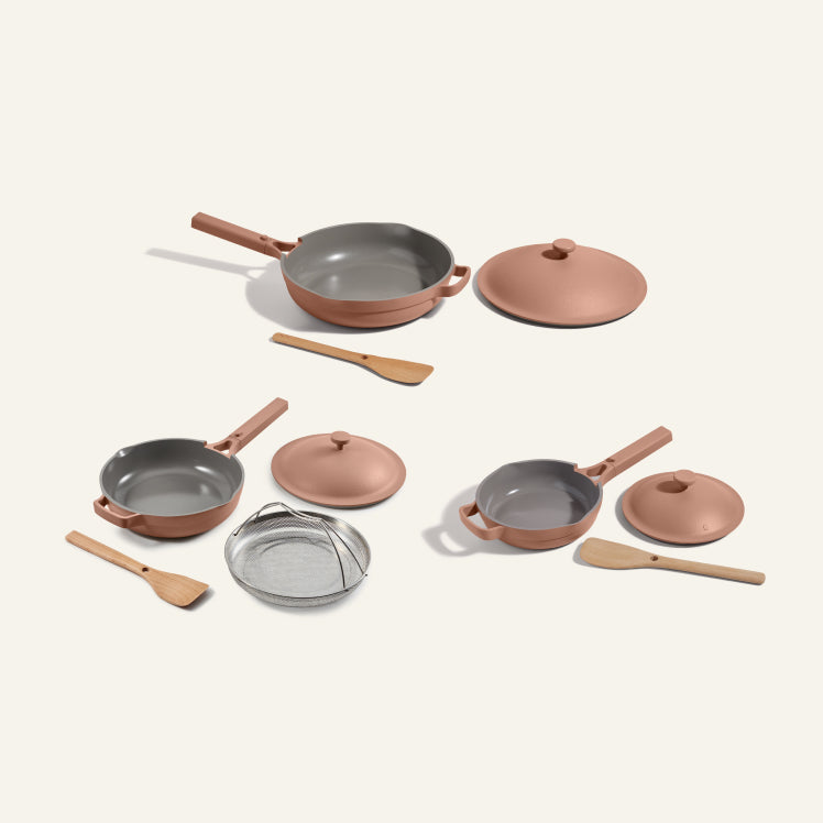 pink always pan, mini always pan, large always pan bundle with steamers and spatulas