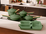 Set of green cookware on a kitchen counter