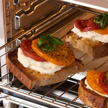 Three pieces of toasted bread topped with sliced tomatoes, cheese, and basil on a toaster oven rack.
